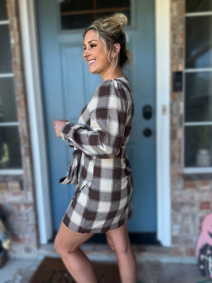 Plaid Deep V Neck Tie Waist Wrap Mini Dress