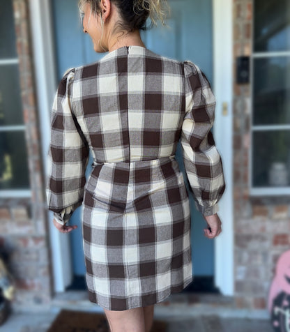 Plaid Deep V Neck Tie Waist Wrap Mini Dress