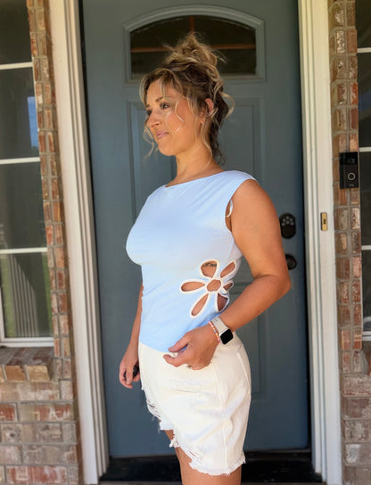 Cap Sleeve Top With Side Flower Cut Out Detail