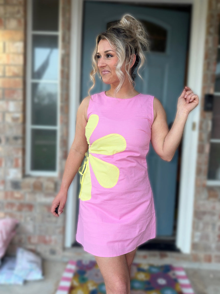 Sleeveless Flower Applique Dress W/ Cut Out Detail