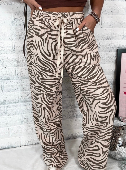 Zebra Print Linen Wide Leg Pants