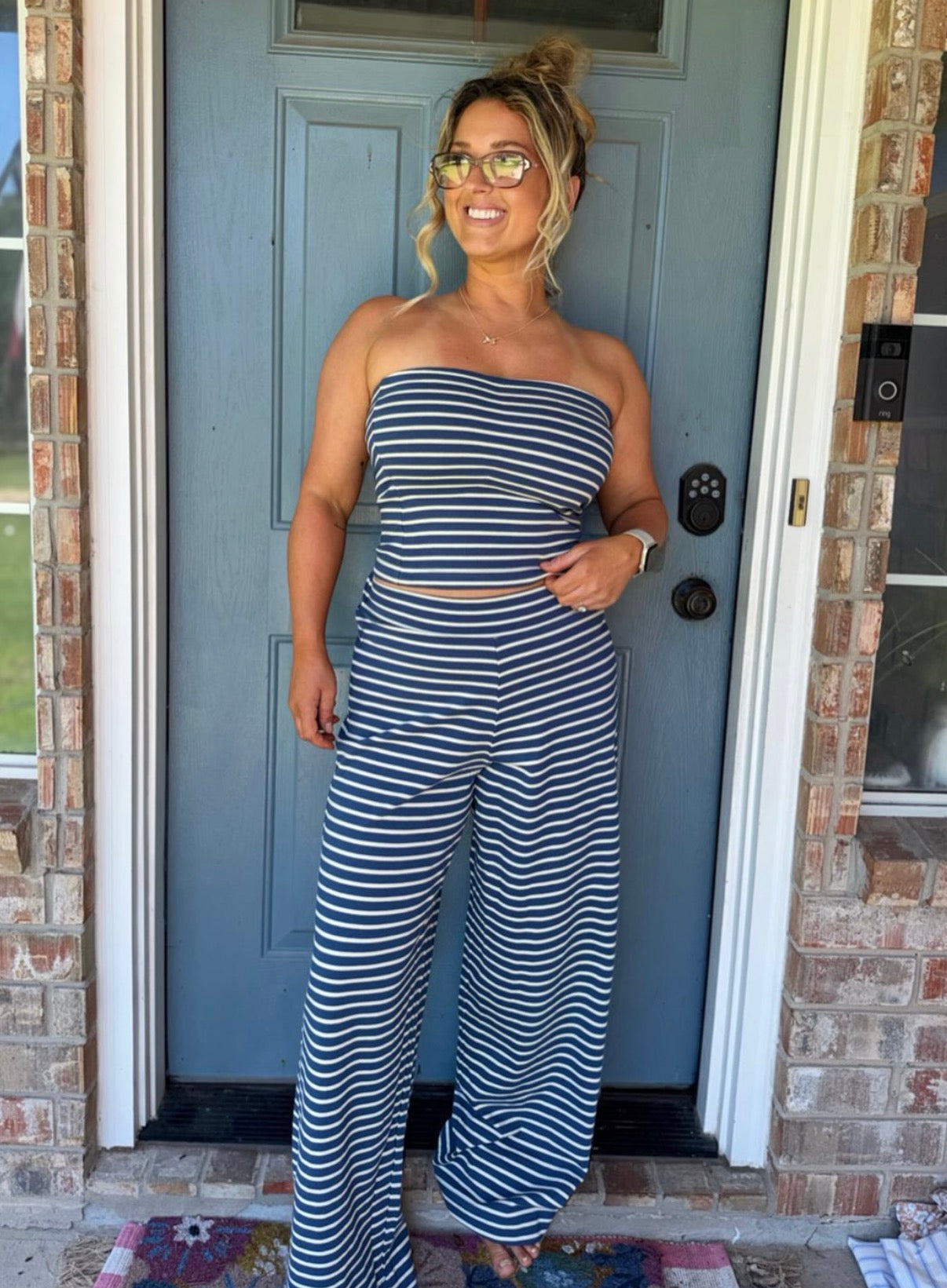 Striped Slim Tube And Wide Leg Pants Set