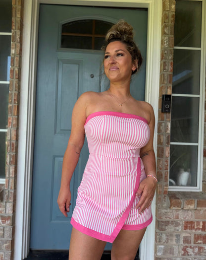 Denim Stripe Romper Wrap Skirt Overlay Short in PINK