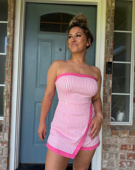 Denim Stripe Romper Wrap Skirt Overlay Short in PINK