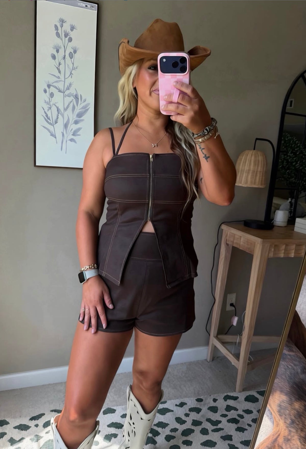 Double Shoulder Strap Tunic Set Mocha