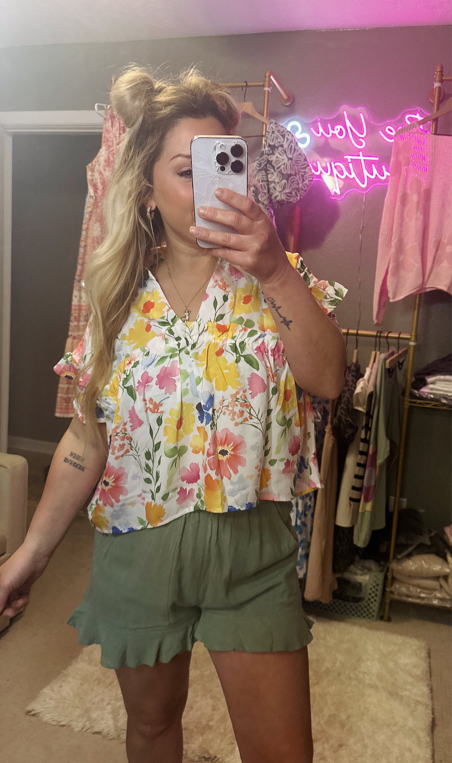 Floral Boxy Fit Ruffled Short Sleeve V Neck Blouse