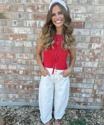 Mini Bow Print Washed Barrel Jeans