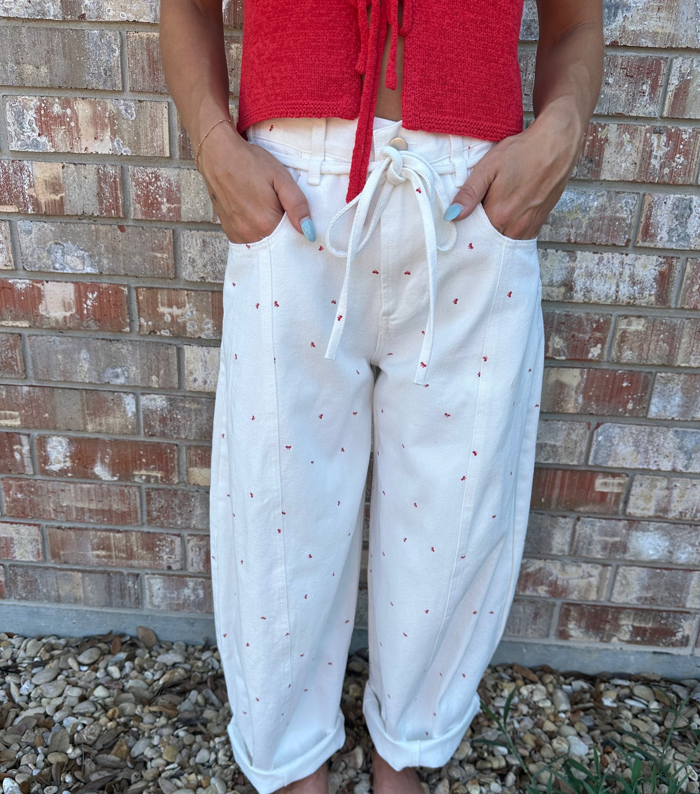 Mini Bow Print Washed Barrel Jeans