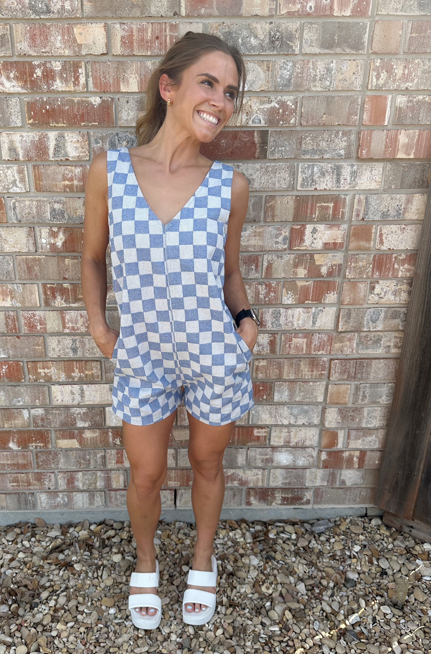 Denim Checker Print Romper