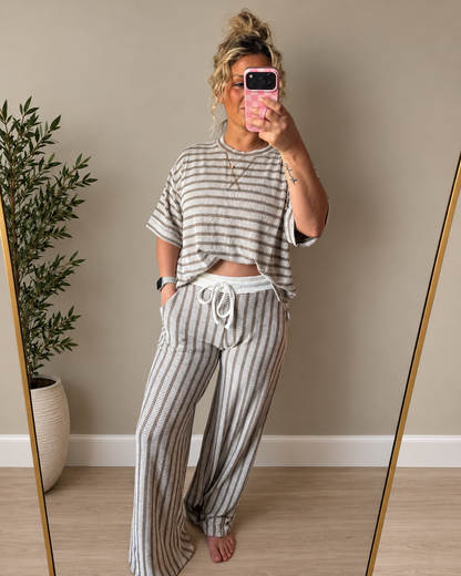 Raised Rib Stripe Short Sleeve Top & Pants Set-Mocha