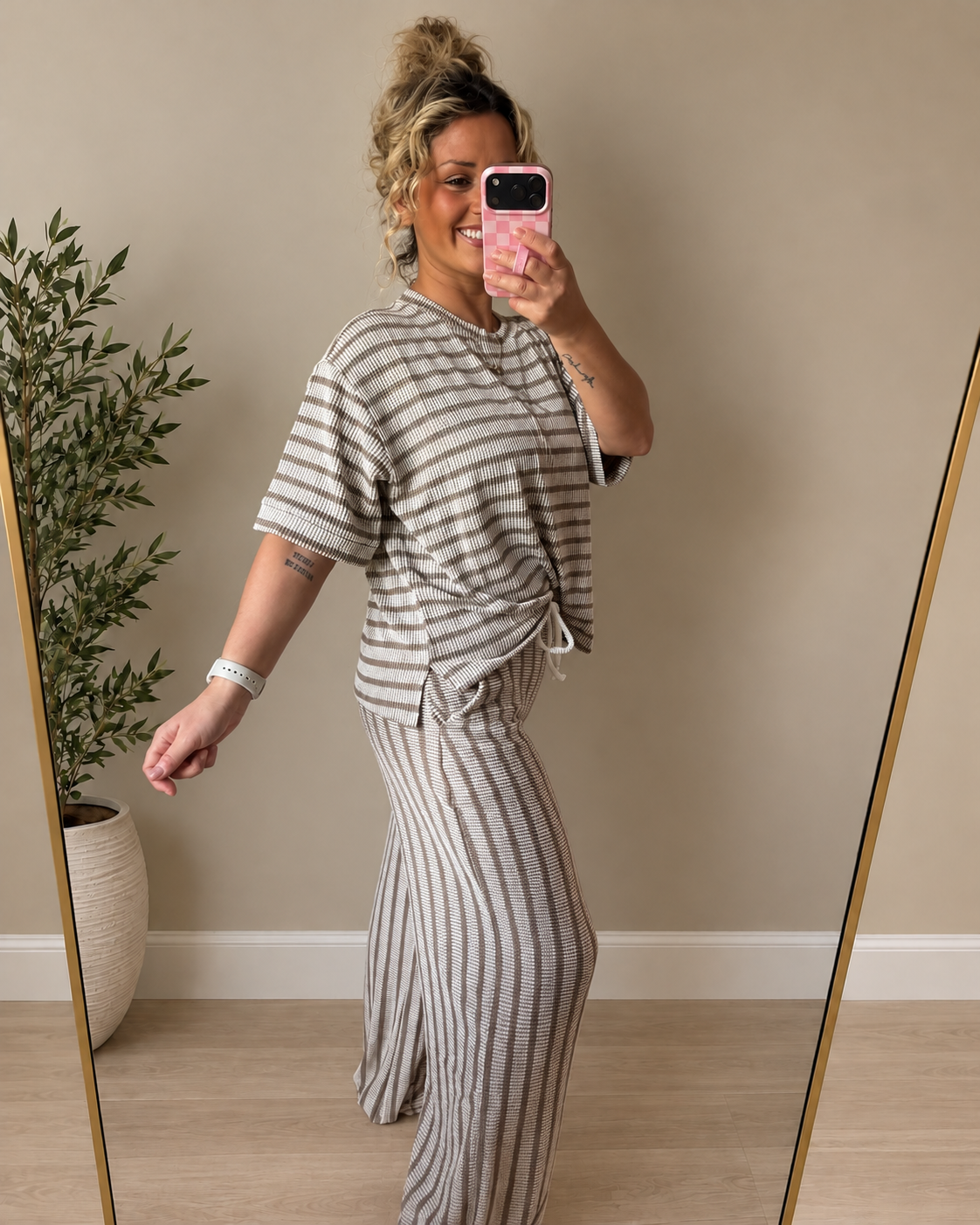 Raised Rib Stripe Short Sleeve Top & Pants Set-Mocha