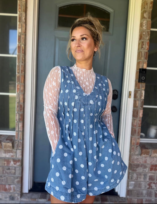 Polka Dot Vintage Pleat Cascade V Neck Romper