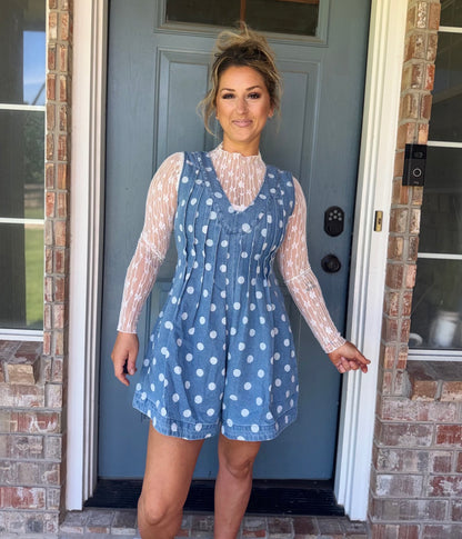 Polka Dot Vintage Pleat Cascade V Neck Romper