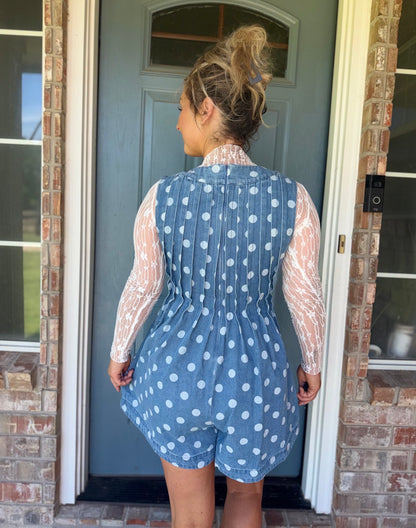 Polka Dot Vintage Pleat Cascade V Neck Romper