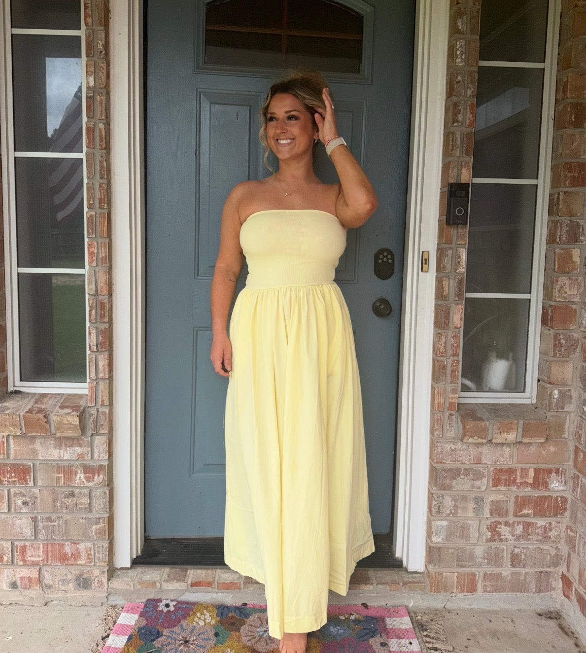 Strapless Flowy Midi Dress Yellow