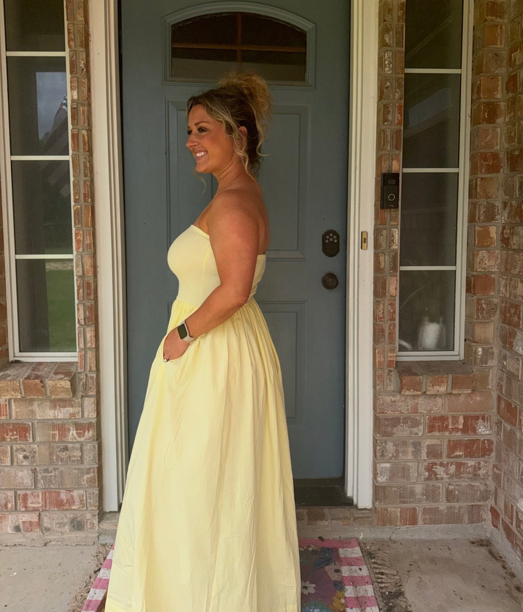 Strapless Flowy Midi Dress Yellow