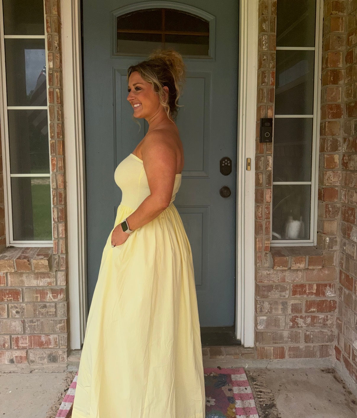 Strapless Flowy Midi Dress Yellow