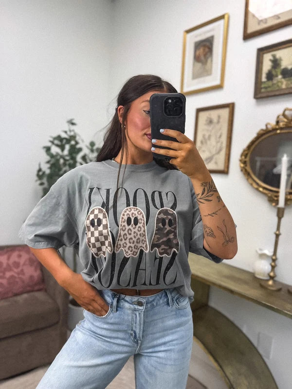 Spooky Season 3 Ghosts Graphic Tee on Grey-PRE ORDER