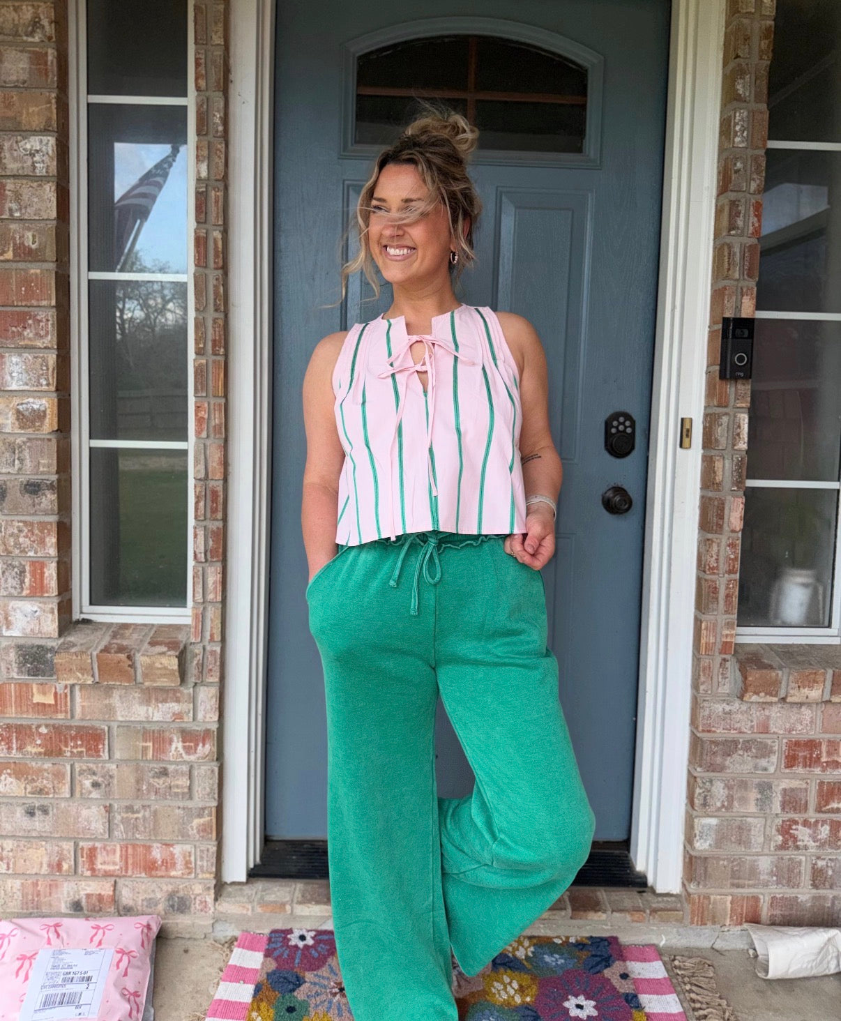 Acid Wash Fleece Palazzo Sweatpants With Pockets Green