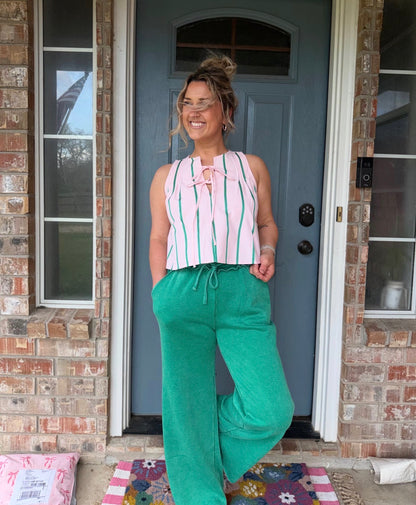 Acid Wash Fleece Palazzo Sweatpants With Pockets Green
