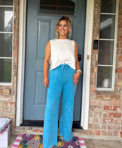 Acid Wash Fleece Palazzo Sweatpants With Pockets Sky Blue
