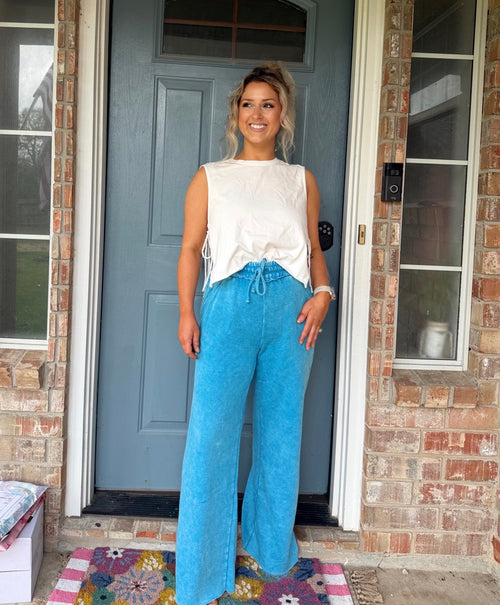 Acid Wash Fleece Palazzo Sweatpants With Pockets Sky Blue
