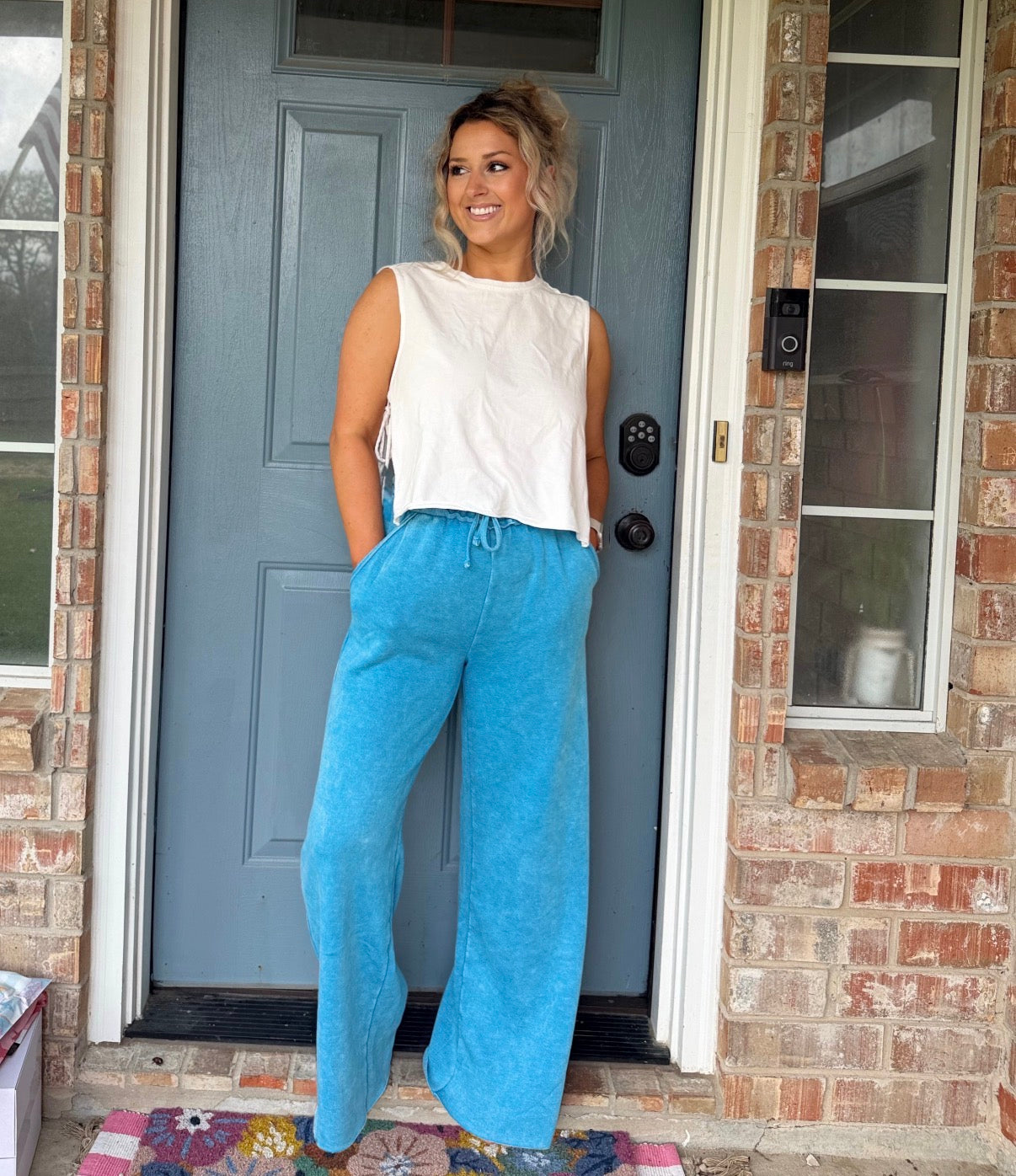 Acid Wash Fleece Palazzo Sweatpants With Pockets Sky Blue