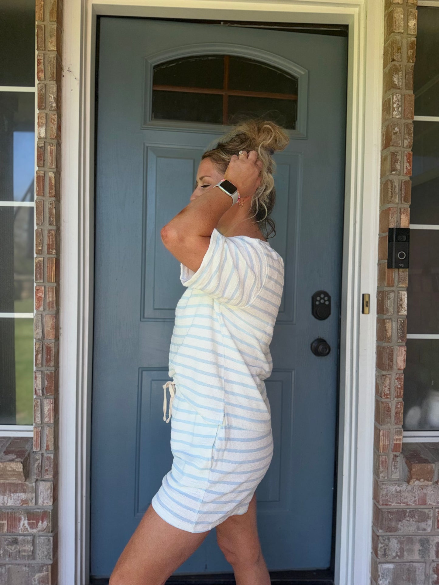 Striped Short Sleeve Terry Crew Neck Top w/ Shorts