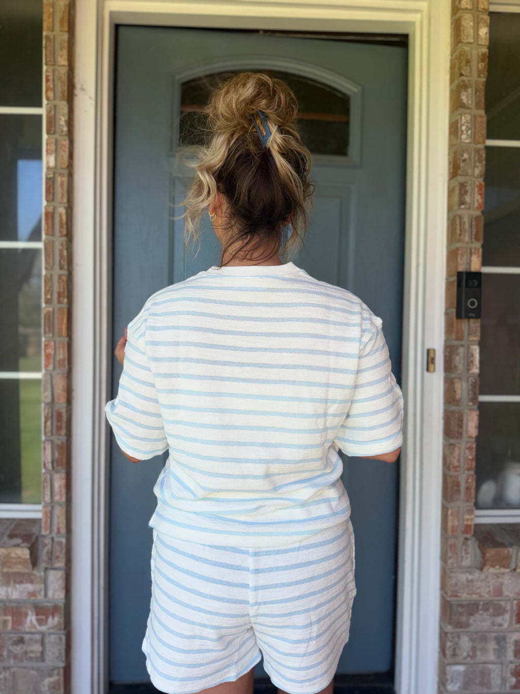 Striped Short Sleeve Terry Crew Neck Top w/ Shorts