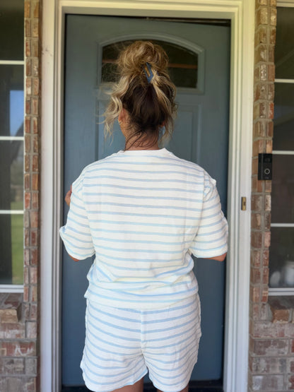 Striped Short Sleeve Terry Crew Neck Top w/ Shorts
