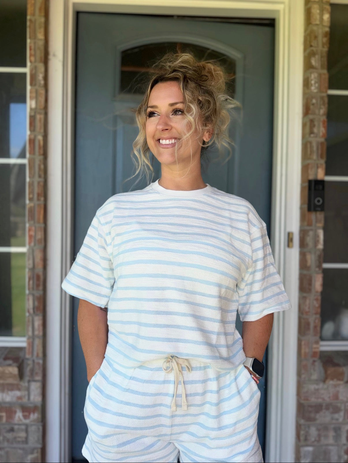 Striped Short Sleeve Terry Crew Neck Top w/ Shorts