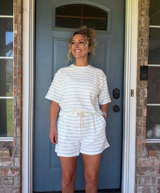 Striped Short Sleeve Terry Crew Neck Top w/ Shorts