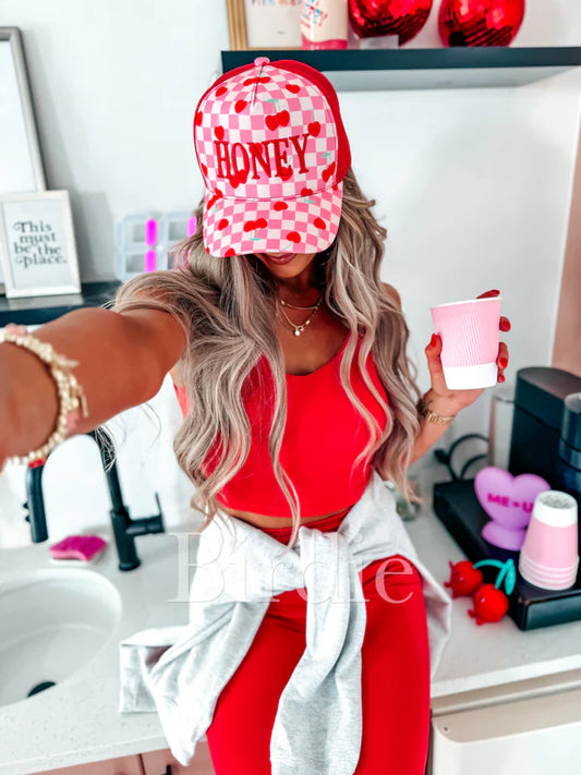 Honey Embroidered Checkered Hat