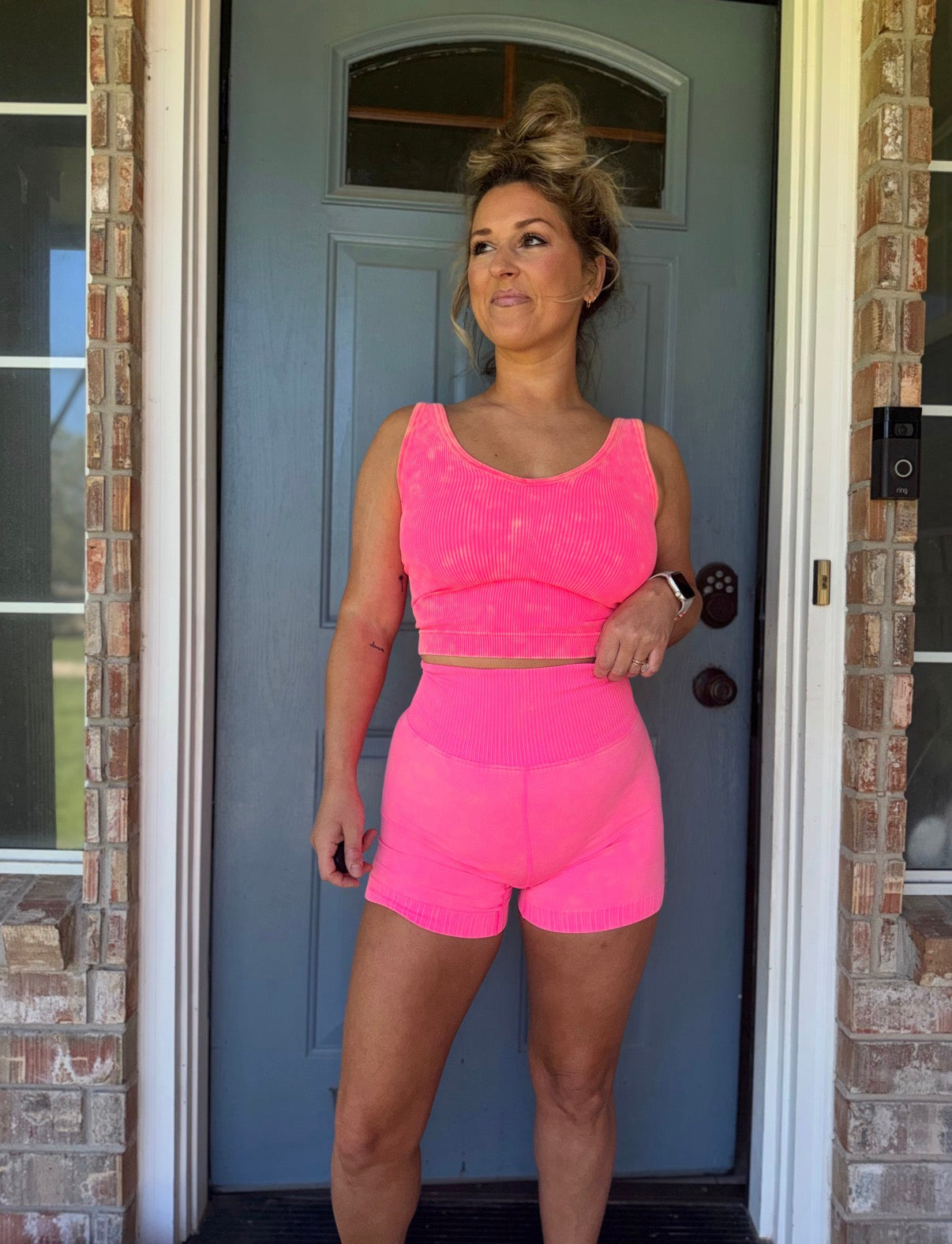 2 Way Neckline Washed Ribbed Seamless Tank Top Pink