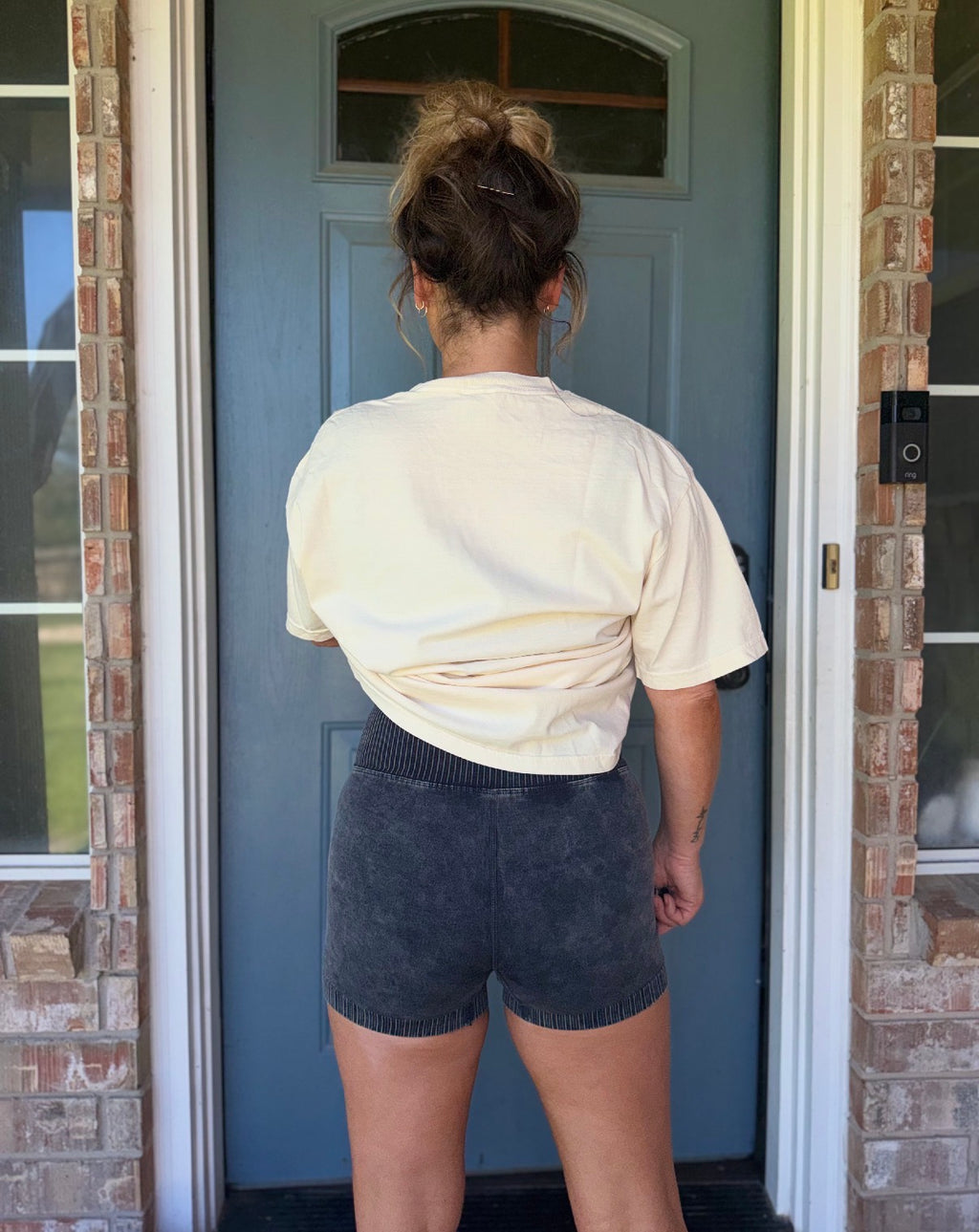 Acid Washed Biker Shorts High Waisted Black