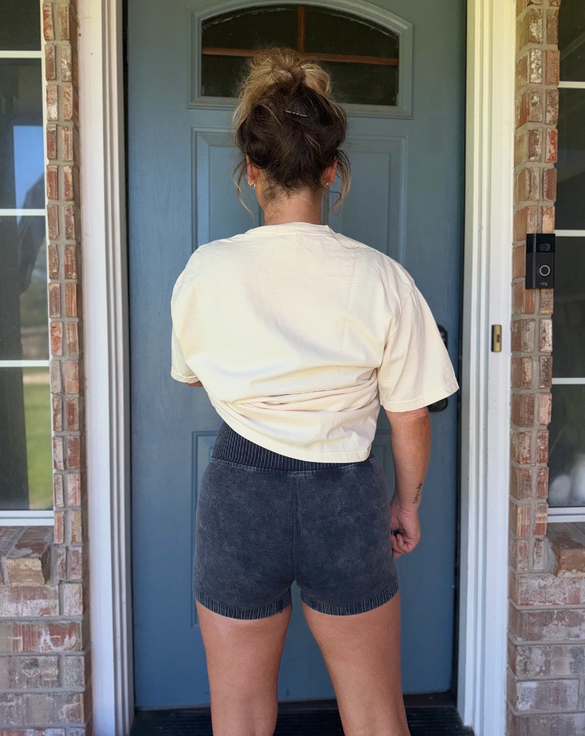 Acid Washed Biker Shorts High Waisted Black