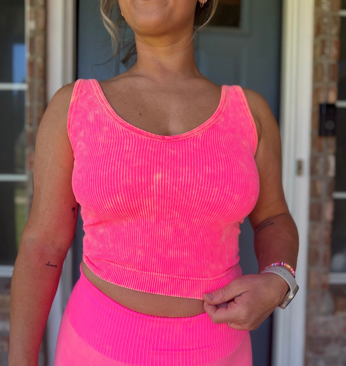 2 Way Neckline Washed Ribbed Seamless Tank Top Pink
