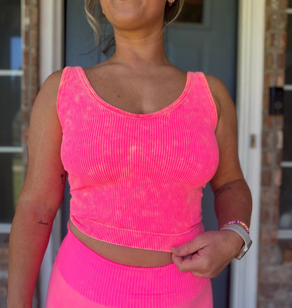 2 Way Neckline Washed Ribbed Seamless Tank Top Pink