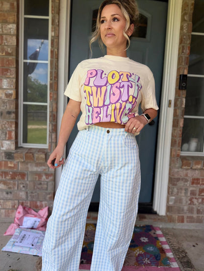 Washed Gingham Printed Twill Barrel Pants