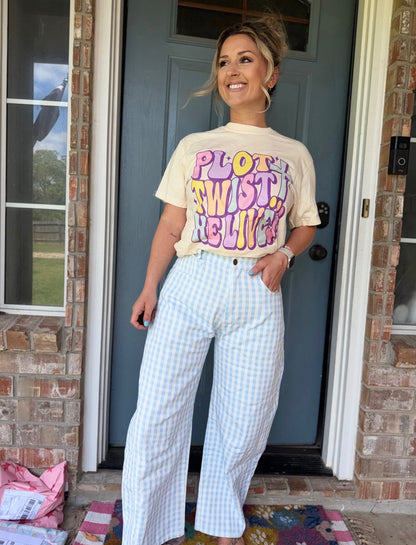 Washed Gingham Printed Twill Barrel Pants