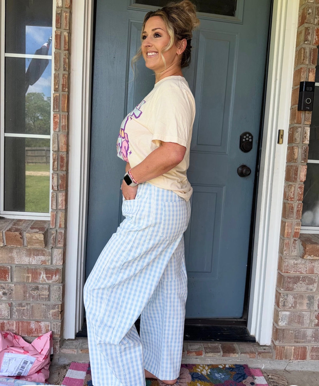Washed Gingham Printed Twill Barrel Pants