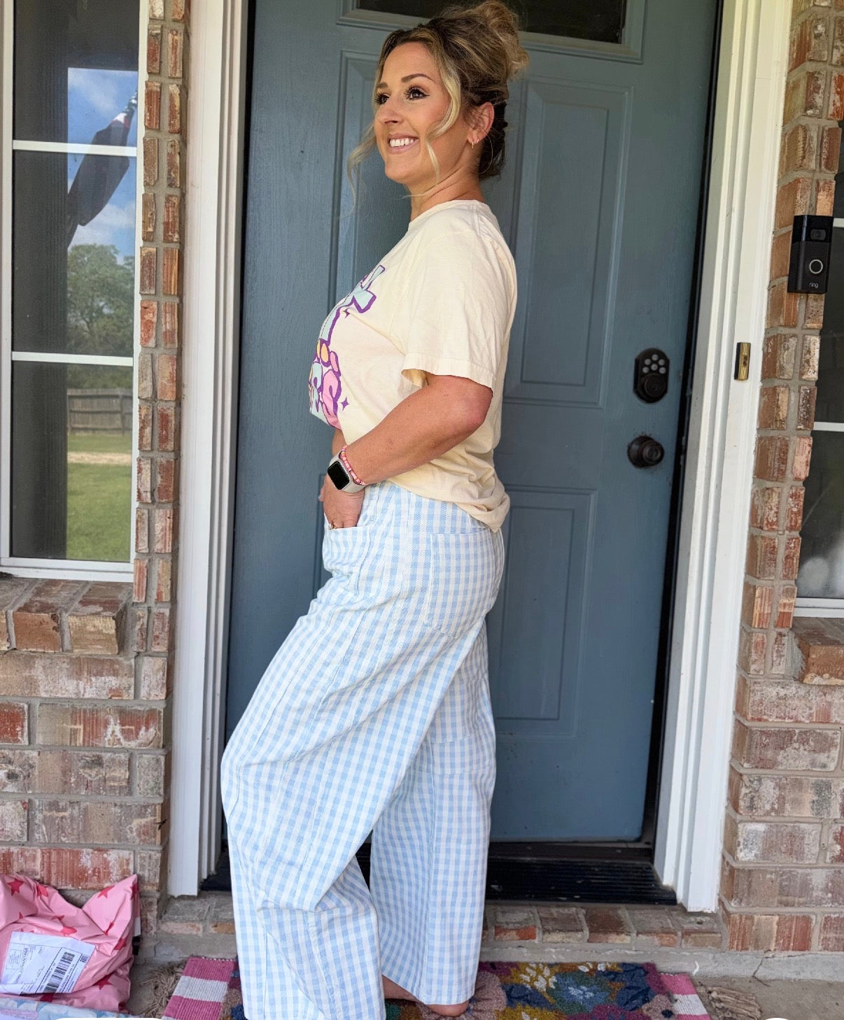 Washed Gingham Printed Twill Barrel Pants
