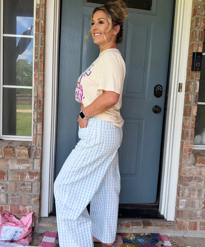Washed Gingham Printed Twill Barrel Pants