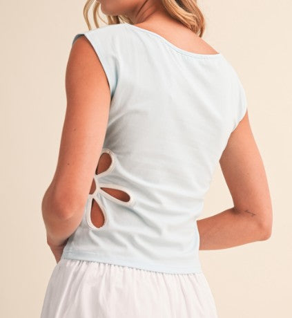 Cap Sleeve Top With Side Flower Cut Out Detail