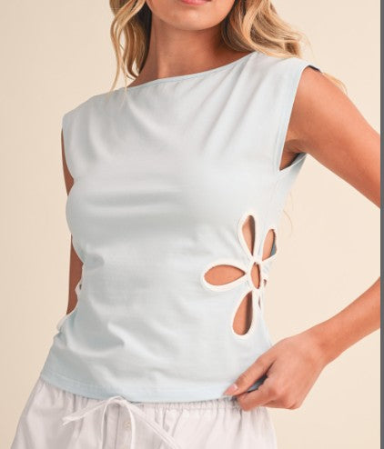 Cap Sleeve Top With Side Flower Cut Out Detail