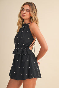 Dot Print Halter Backless Romper With Ruffle Waist