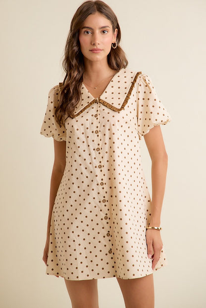 Polka Dot Peter Pan Ruffled Collar Puff Sleeves