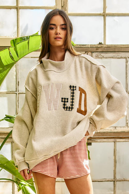 WWJD Embroidered Mock Neck Oversized Sweatshirt