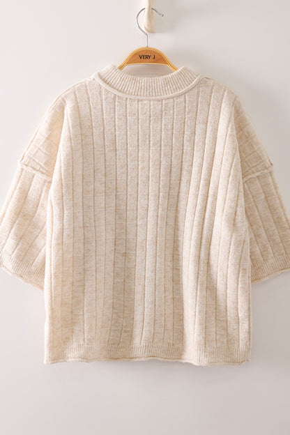 Cropped Length Ribbed Knit Sweater-Oatmeal