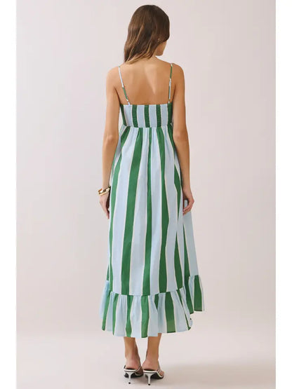 Striped Back Smocked Detail Side Pocket Maxi Dress